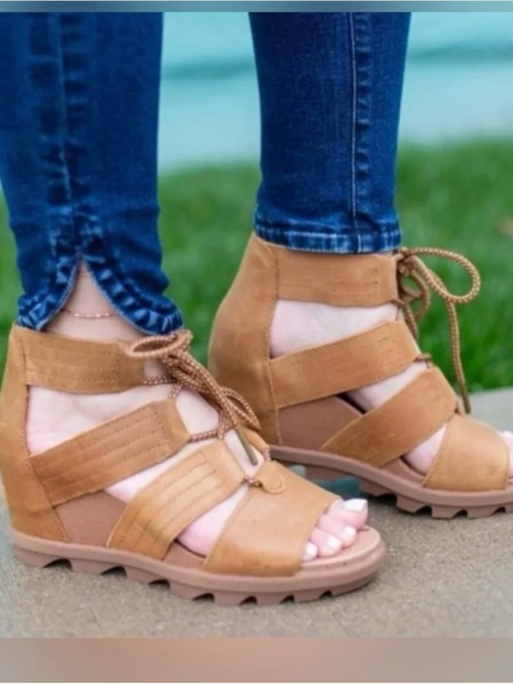 New Sorel Tan Lace-Up Strappy Sandals leather Joanie ll ankle wedge sz 6.5